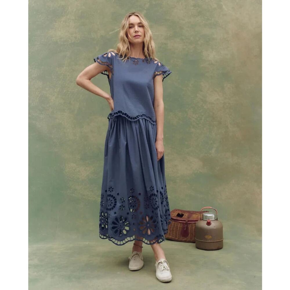The Great Super Bloom Eyelet Skirt Dusty Blue Vintage Indigo Midi NWT Size 0